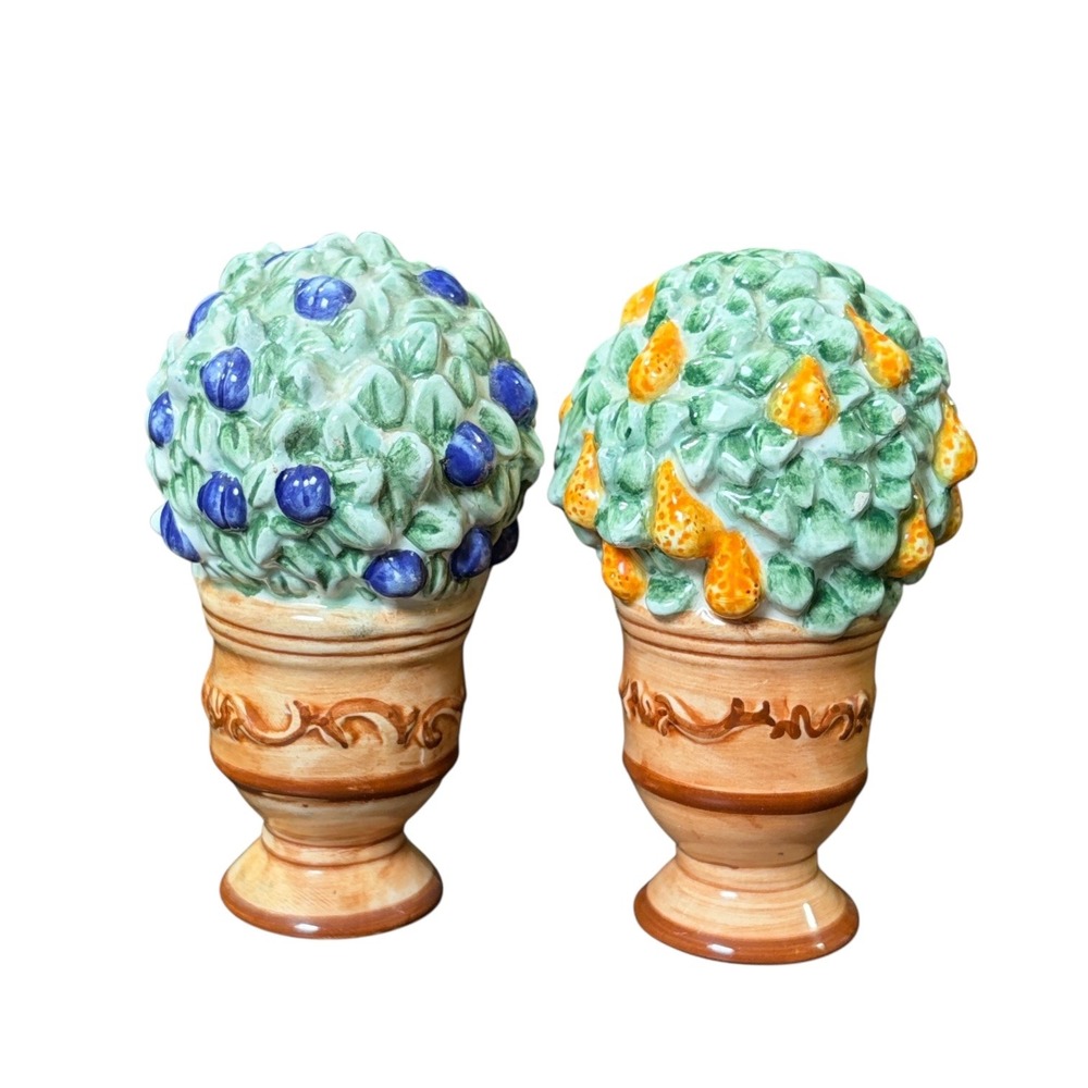 Vintage Fruit Topiary Salt Pepper Shakers Blueberries Pears Bush Ceramic Kitchen